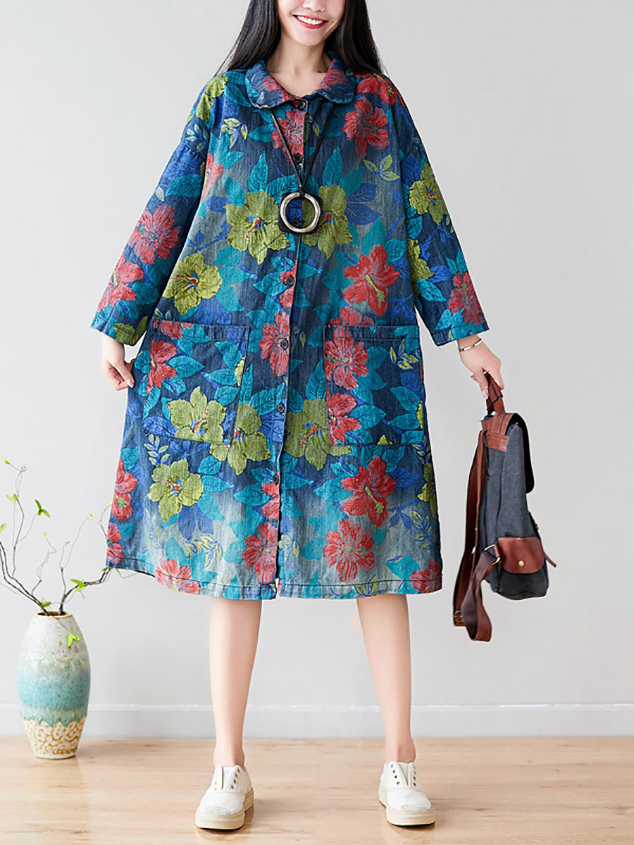 Autumn Artsy Flower Denim Pocket Coat At1049