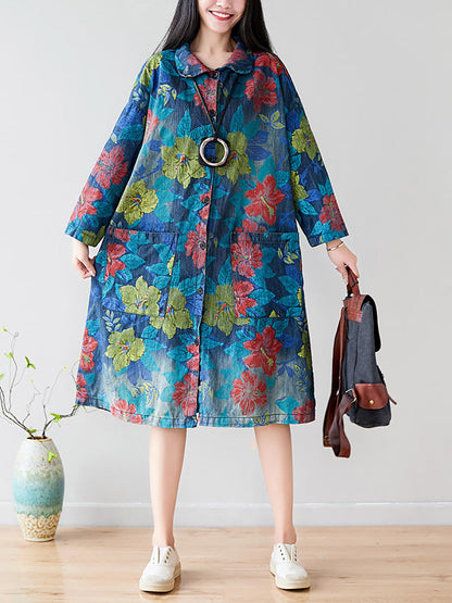 Autumn Artsy Flower Denim Pocket Coat At1049