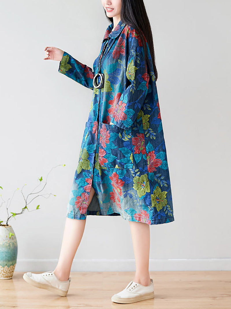 Autumn Artsy Flower Denim Pocket Coat At1049