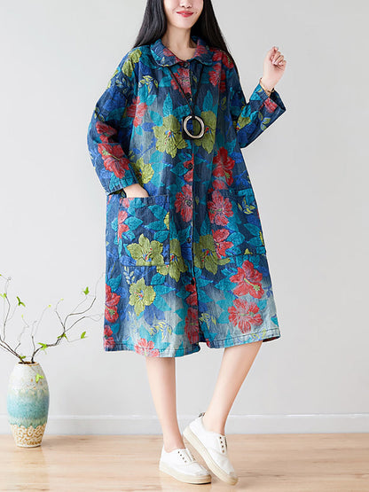 Autumn Artsy Flower Denim Pocket Coat At1049