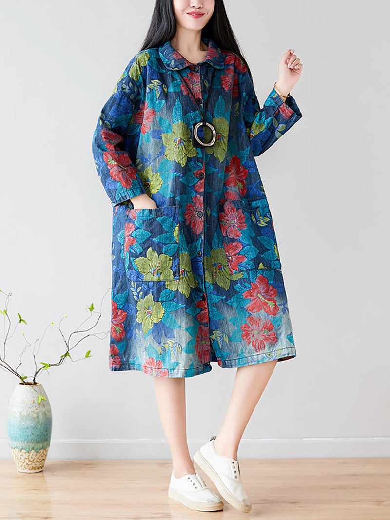 Autumn Artsy Flower Denim Pocket Coat At1049