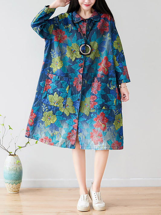 Autumn Artsy Flower Denim Pocket Coat At1049
