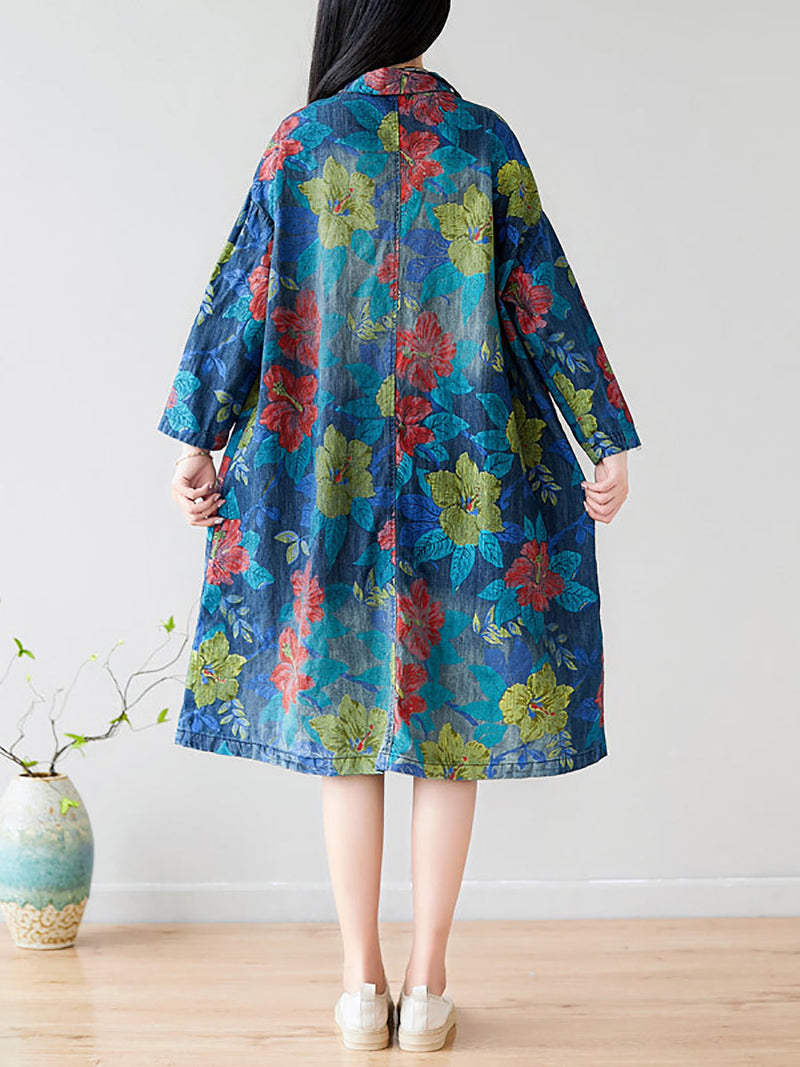 Autumn Artsy Flower Denim Pocket Coat At1049