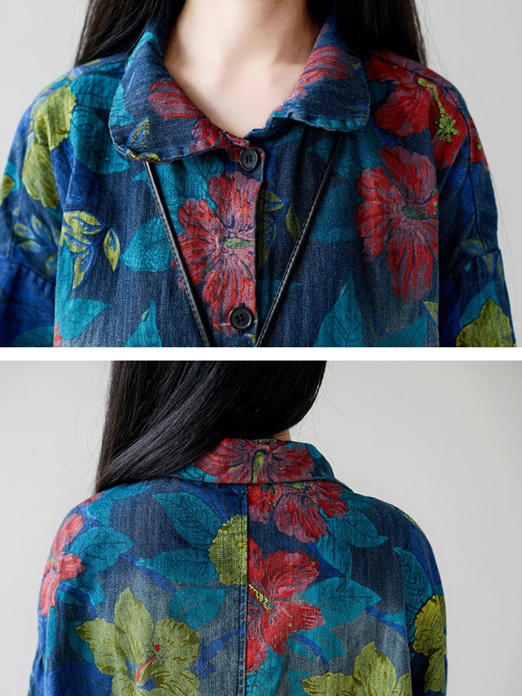 Autumn Artsy Flower Denim Pocket Coat At1049