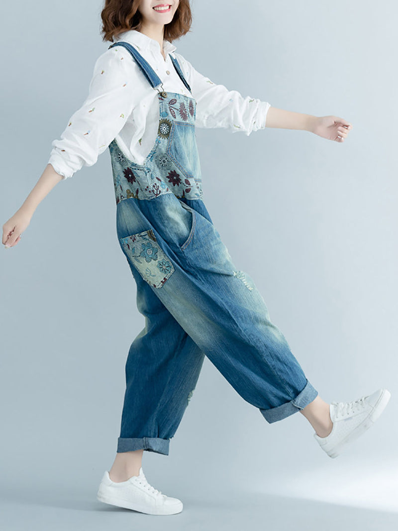 Artsy Flower Spliced Denim Frayed Jumpsuits At1048