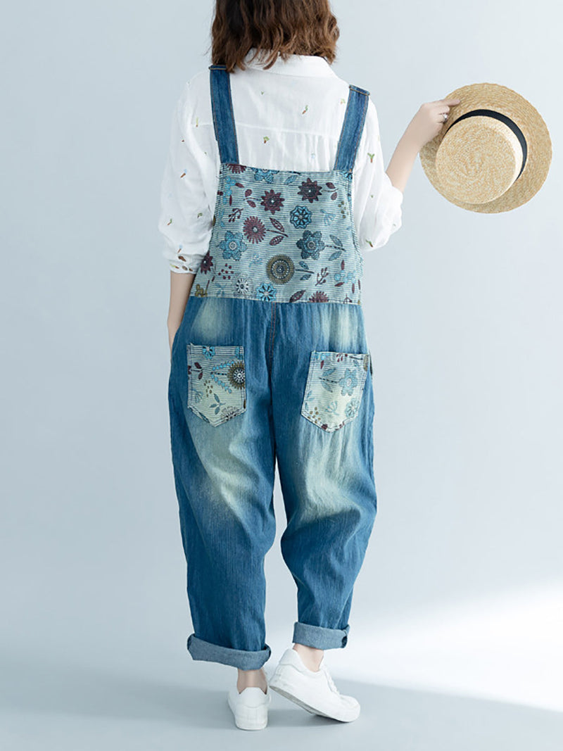Artsy Flower Spliced Denim Frayed Jumpsuits At1048
