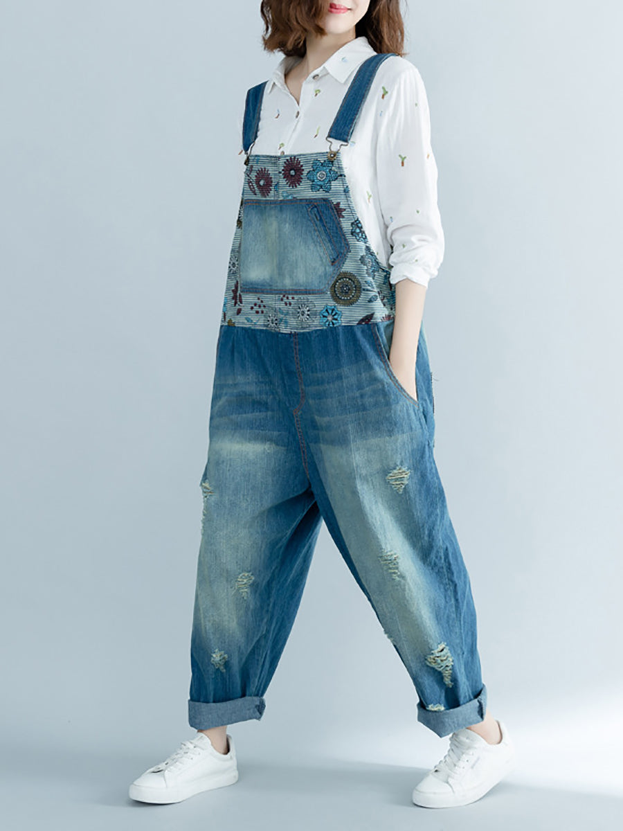 Artsy Flower Spliced Denim Frayed Jumpsuits At1048