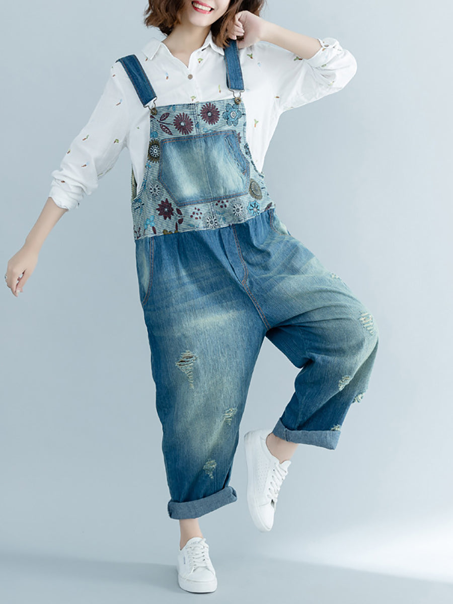 Artsy Flower Spliced Denim Frayed Jumpsuits At1048