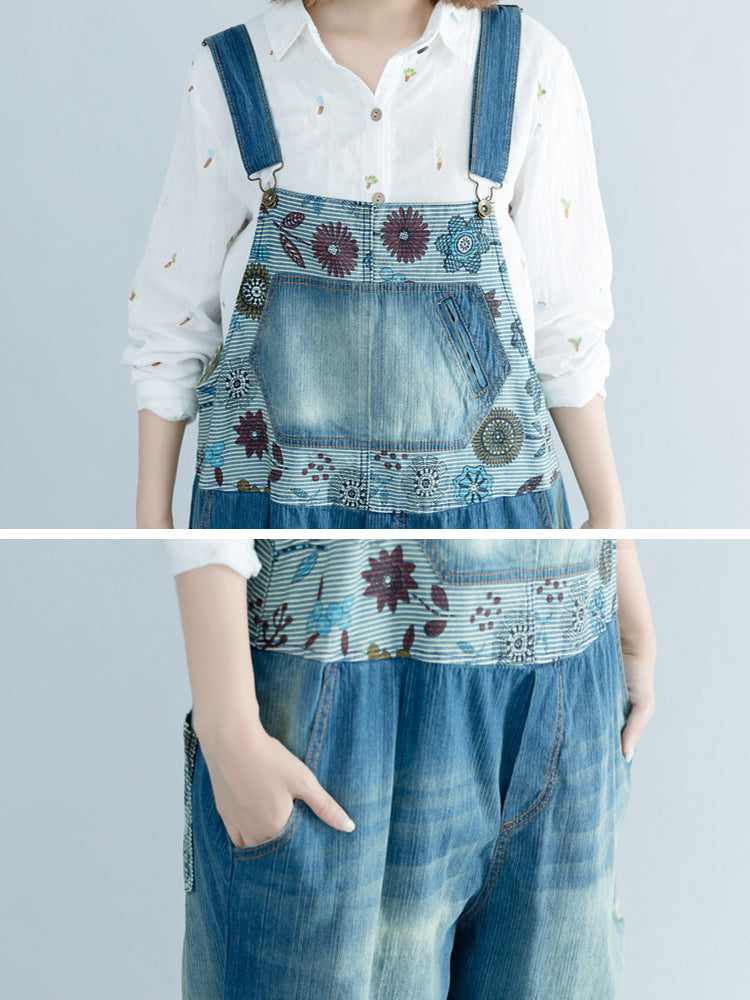 Artsy Flower Spliced Denim Frayed Jumpsuits At1048