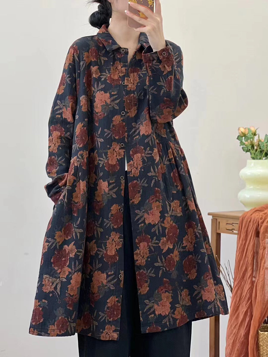 Autumn Flower Loose Cotton Shirt Coat At1051