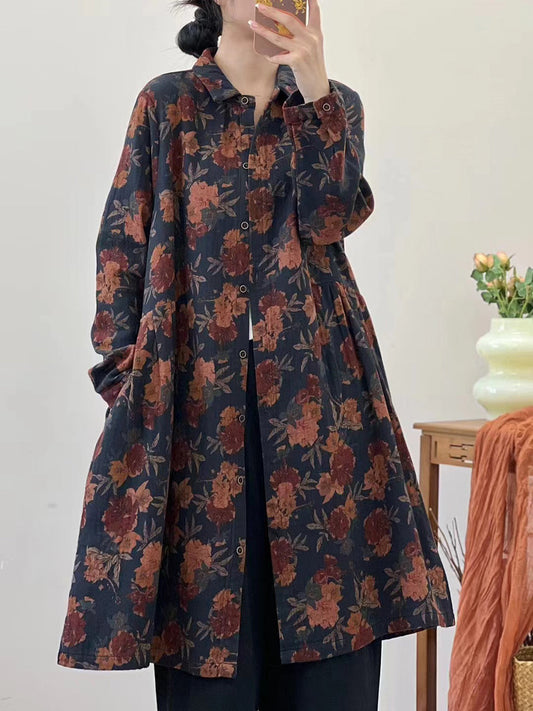 Autumn Flower Loose Cotton Shirt Coat At1051