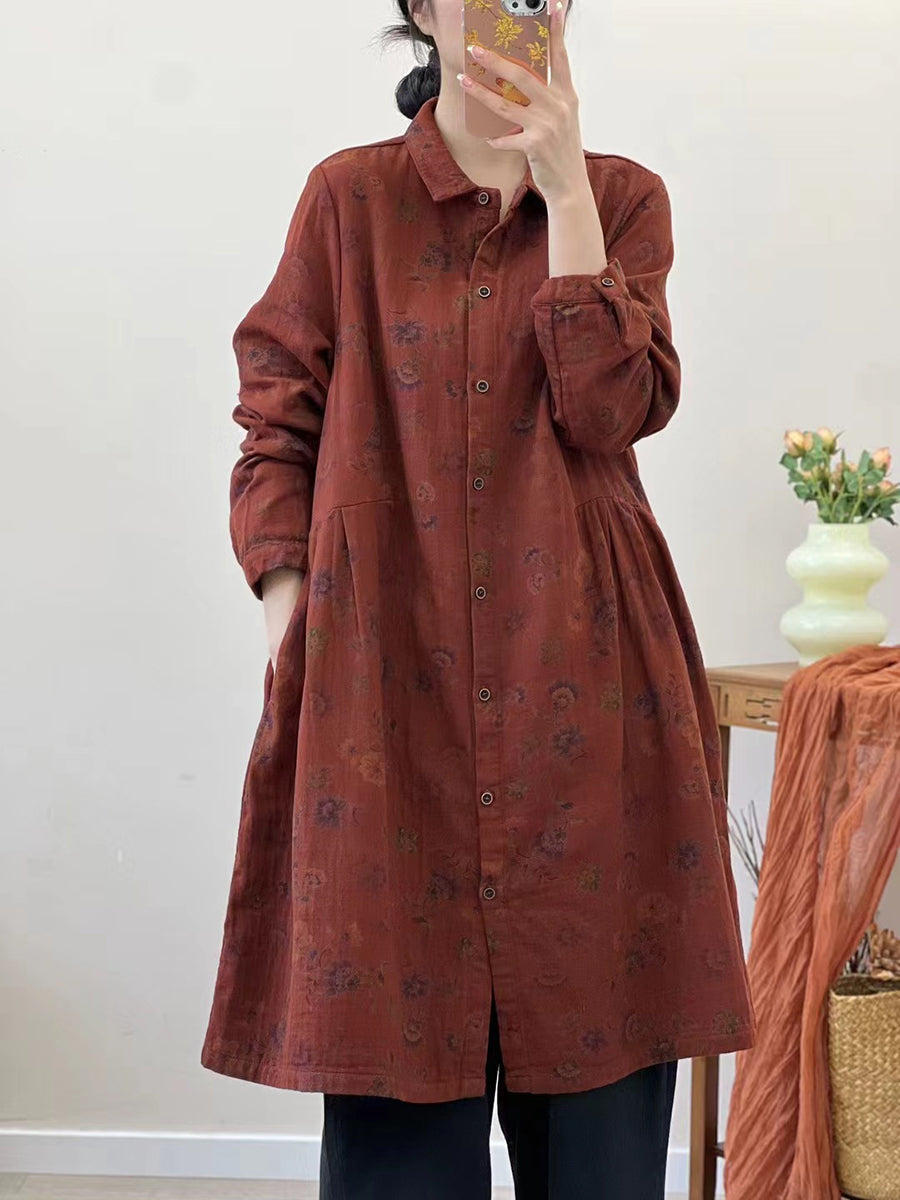 Autumn Flower Loose Cotton Shirt Coat At1051