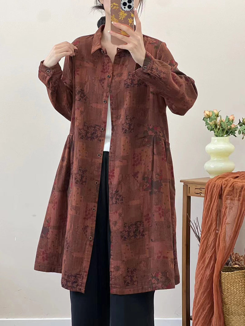 Autumn Flower Loose Cotton Shirt Coat At1051