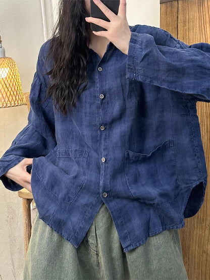 Autumn Plaid Turn-down Linen Blouse At1052