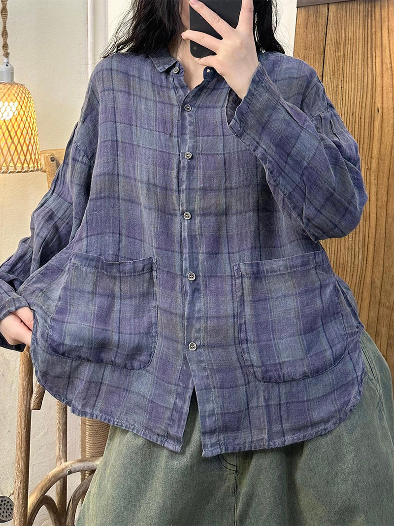 Autumn Plaid Turn-down Linen Blouse At1052