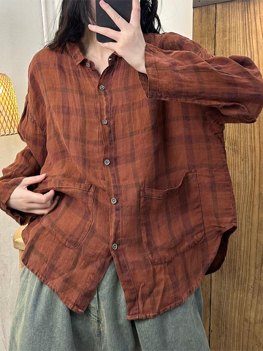 Autumn Plaid Turn-down Linen Blouse At1052
