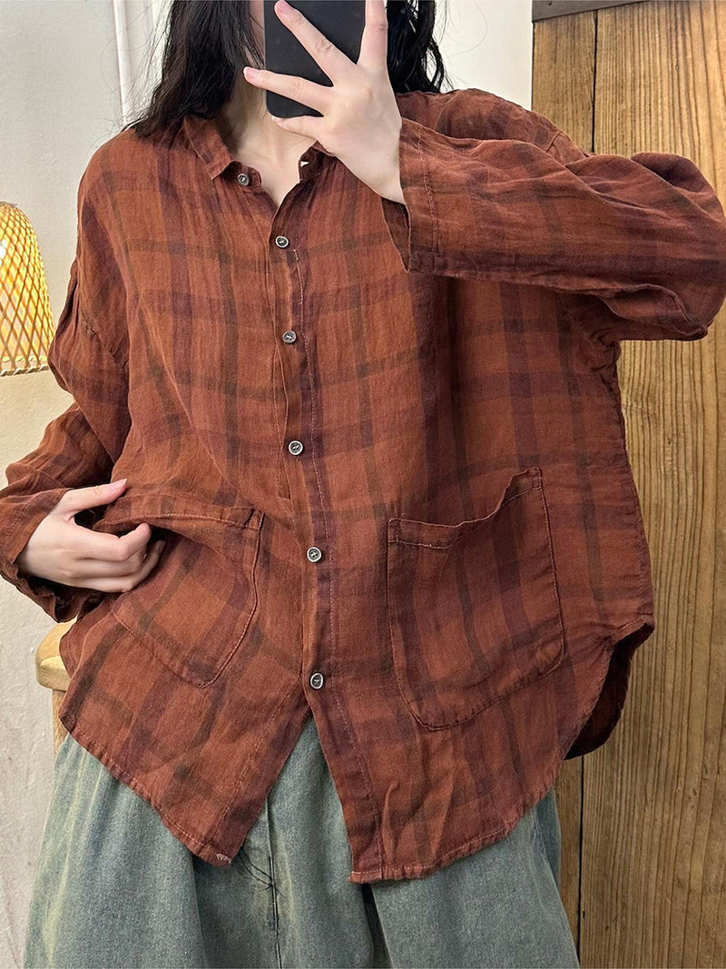 Autumn Plaid Turn-down Linen Blouse At1052