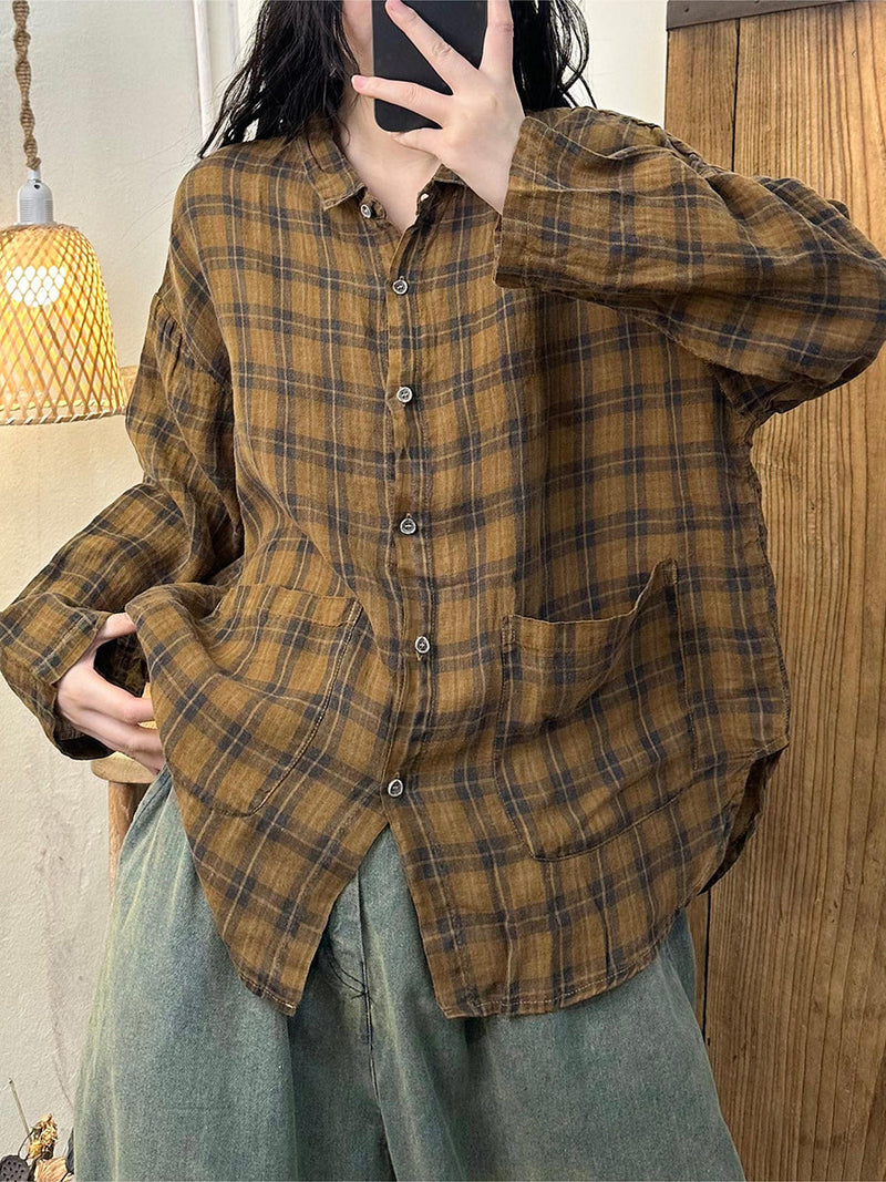 Autumn Plaid Turn-down Linen Blouse At1052