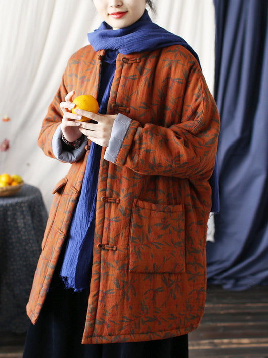 Autumn Leaf Print Cotton Long Coat As1013