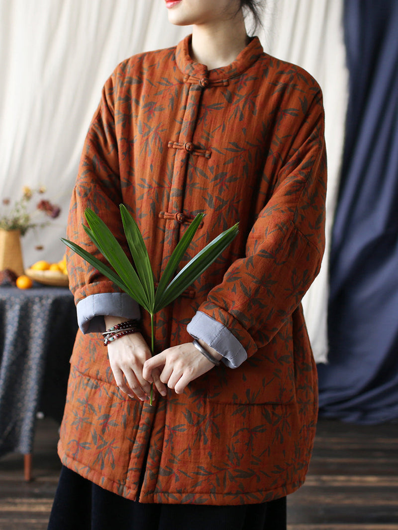Autumn Leaf Print Cotton Long Coat As1013