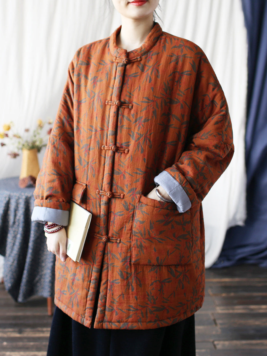 Autumn Leaf Print Cotton Long Coat As1013