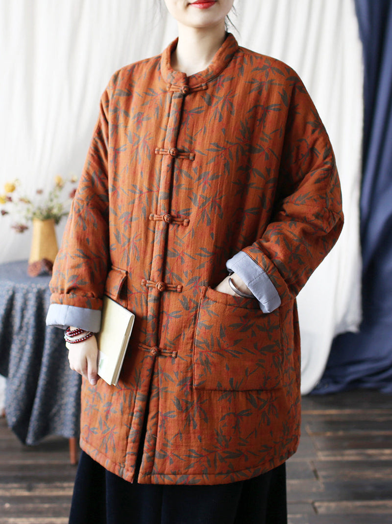 Autumn Leaf Print Cotton Long Coat As1013