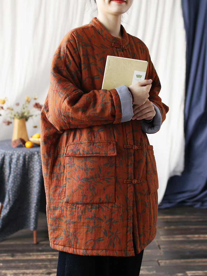 Autumn Leaf Print Cotton Long Coat As1013