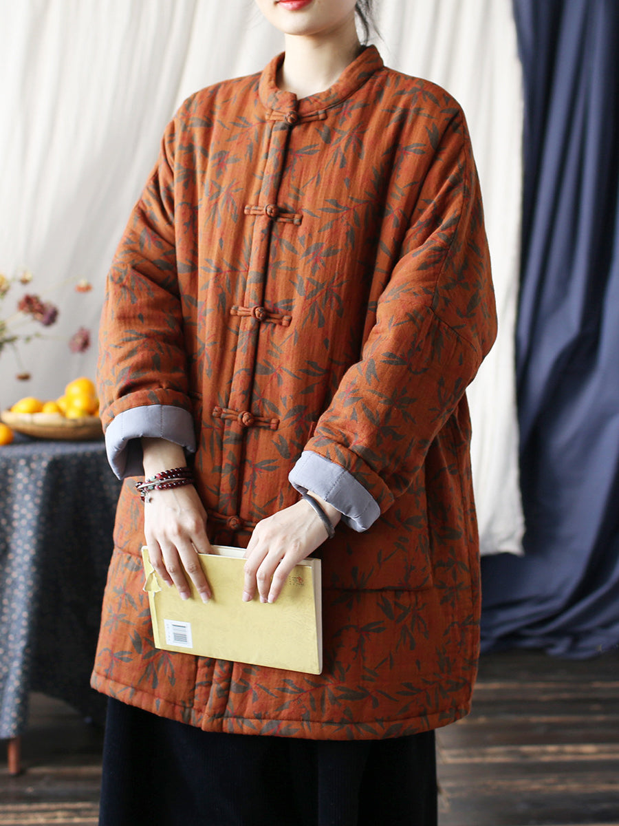 Autumn Leaf Print Cotton Long Coat As1013