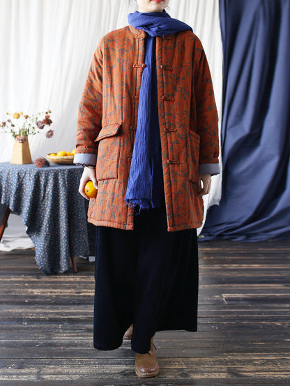 Autumn Leaf Print Cotton Long Coat As1013