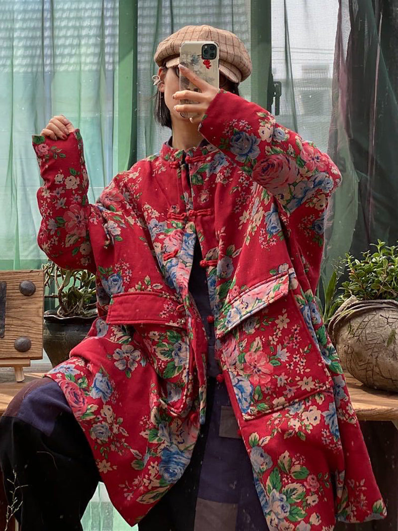 Winter Flower Pocket Button Cotton Coat As1016