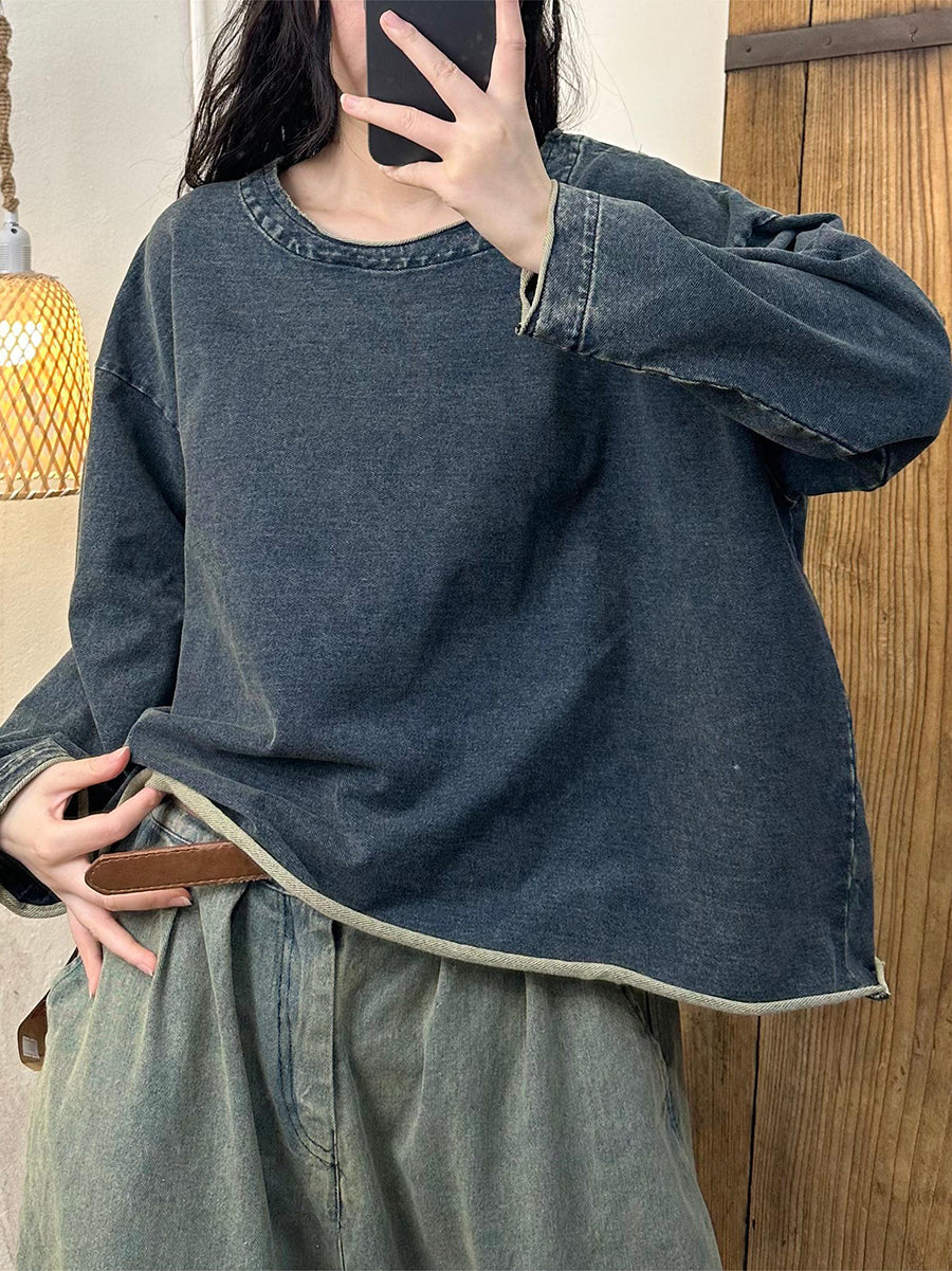 Autumn O-neck Hemming Denim Blouse At1001