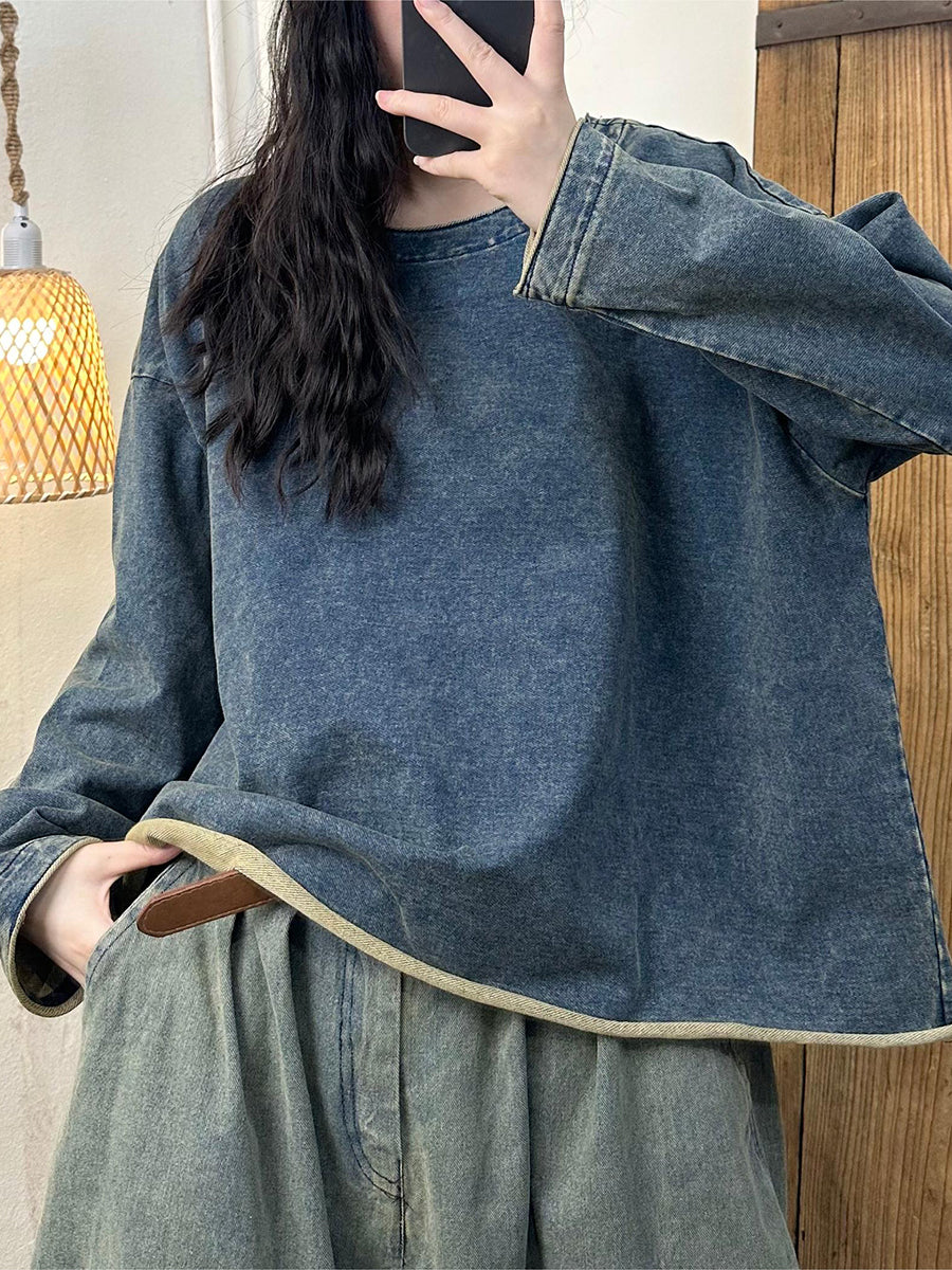 Autumn O-neck Hemming Denim Blouse At1001
