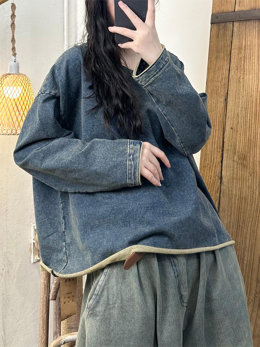 Autumn O-neck Hemming Denim Blouse At1001