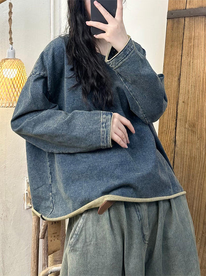 Autumn O-neck Hemming Denim Blouse At1001