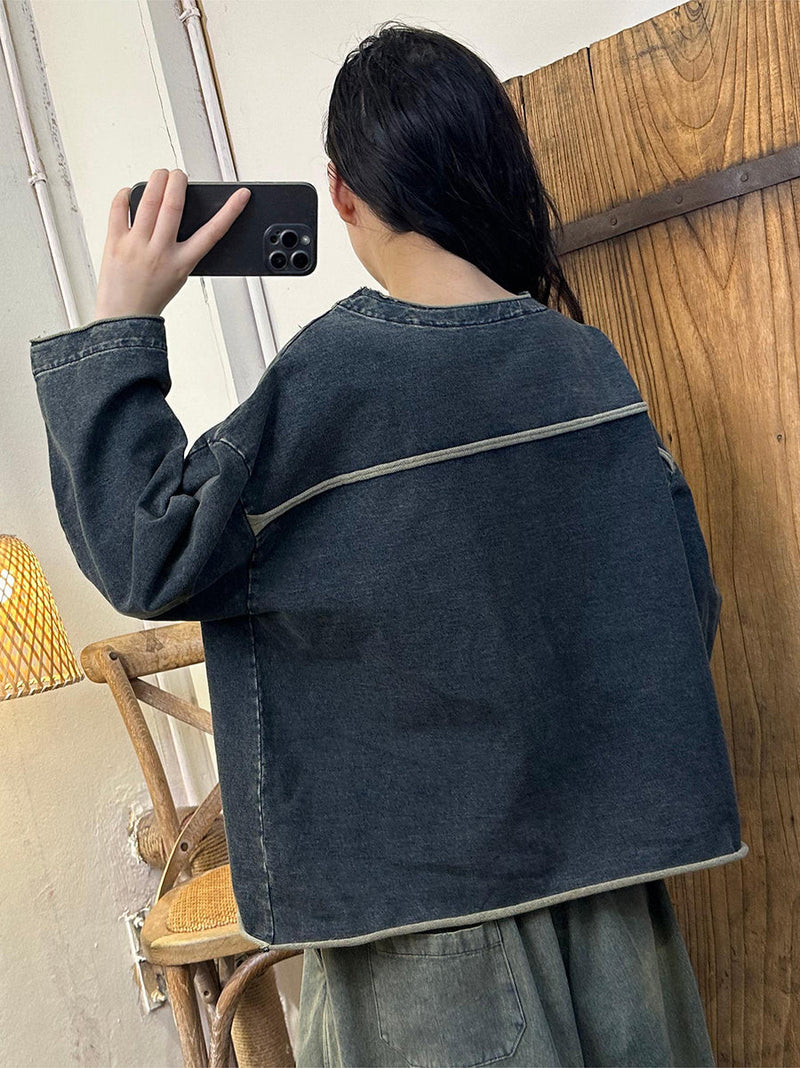 Autumn O-neck Hemming Denim Blouse At1001
