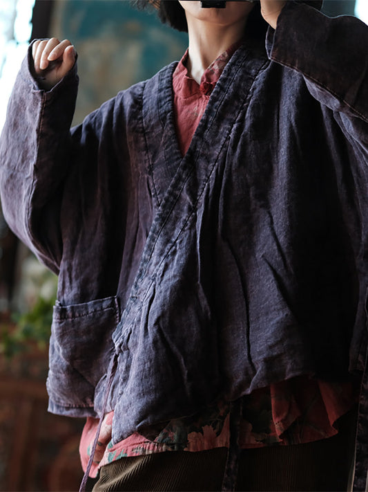 Retro Purple Linen Dtrap V-neck Coat Rr002