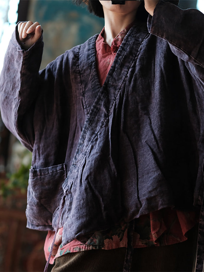 Retro Purple Linen Dtrap V-neck Coat Rr002