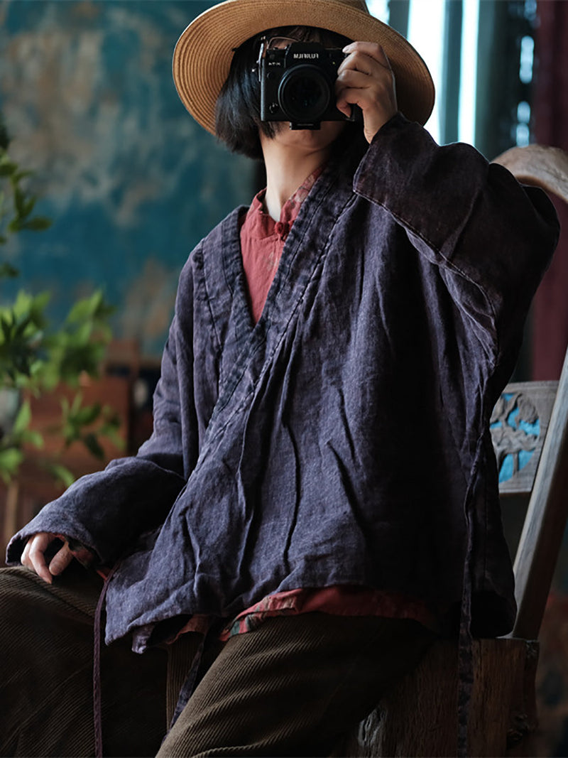 Retro Purple Linen Dtrap V-neck Coat Rr002