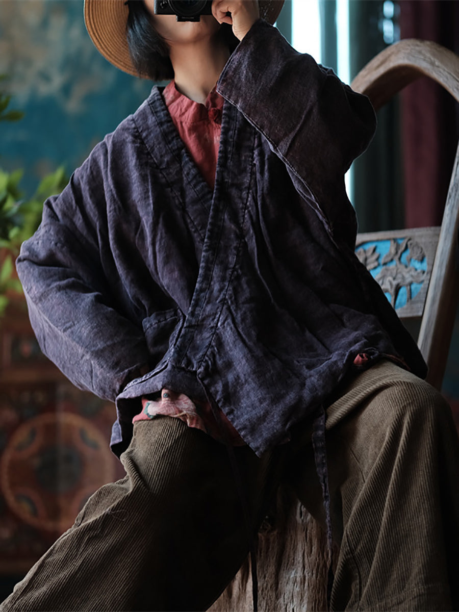 Retro Purple Linen Dtrap V-neck Coat Rr002
