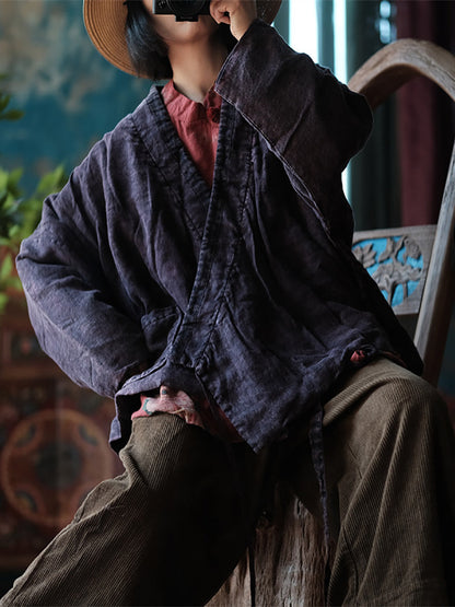 Retro Purple Linen Dtrap V-neck Coat Rr002
