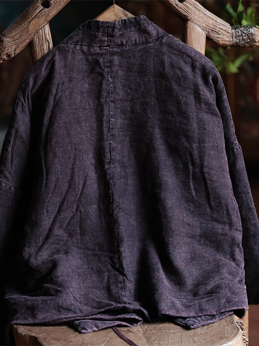 Retro Purple Linen Dtrap V-neck Coat Rr002