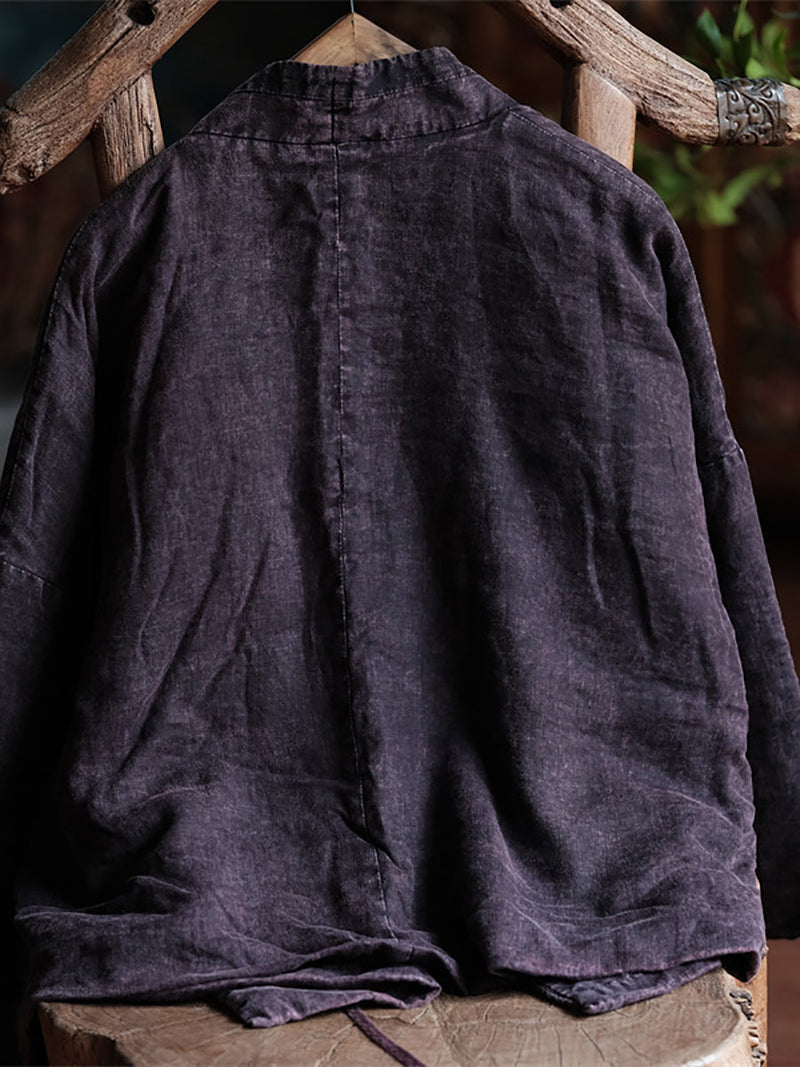 Retro Purple Linen Dtrap V-neck Coat Rr002