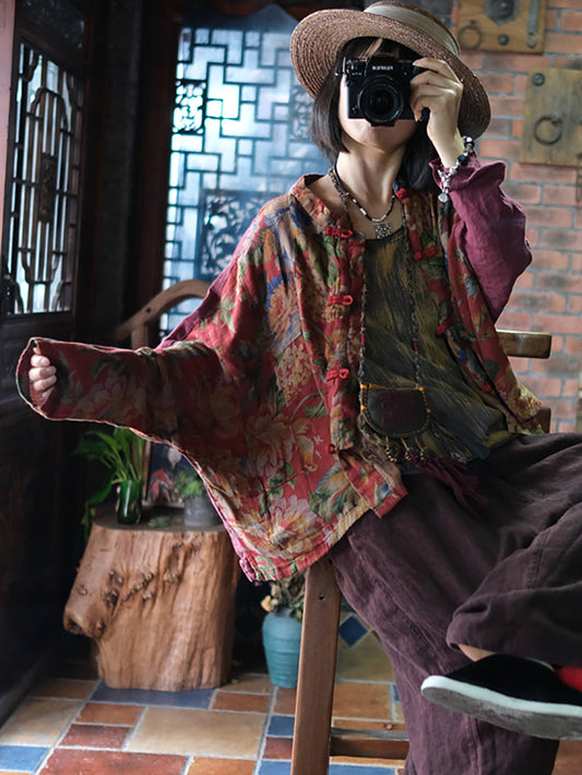 Autumn Flower Colorblock Stand Collar Cotton Coat At1046