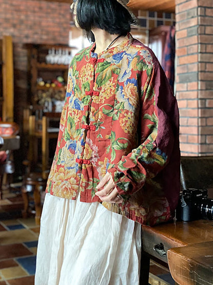 Autumn Flower Colorblock Stand Collar Cotton Coat At1046