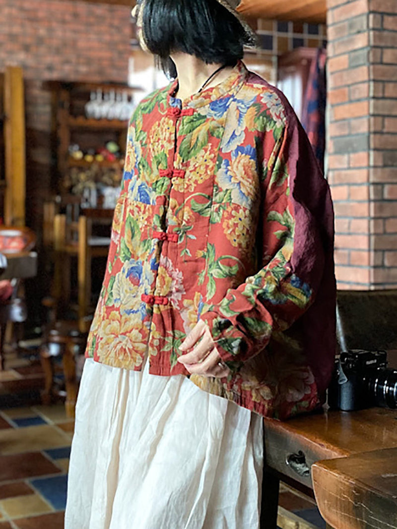 Autumn Flower Colorblock Stand Collar Cotton Coat At1046
