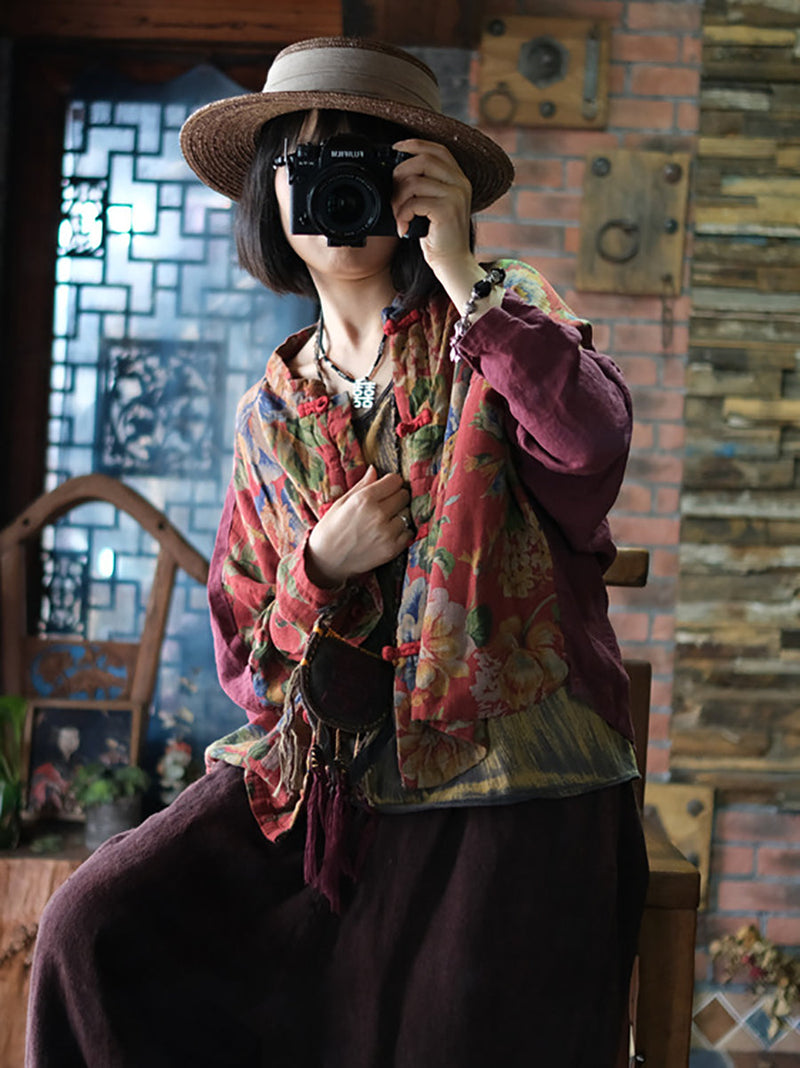 Autumn Flower Colorblock Stand Collar Cotton Coat At1046