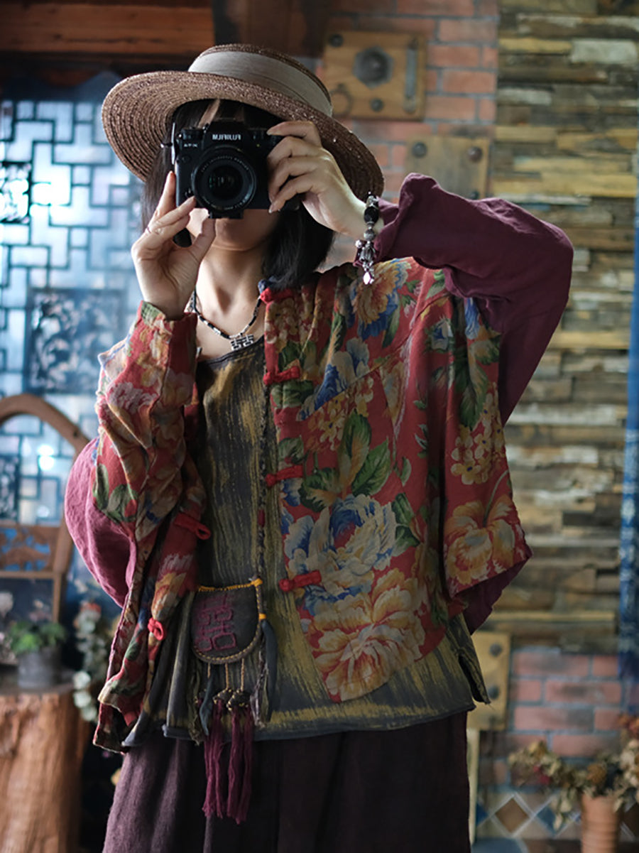 Autumn Flower Colorblock Stand Collar Cotton Coat At1046
