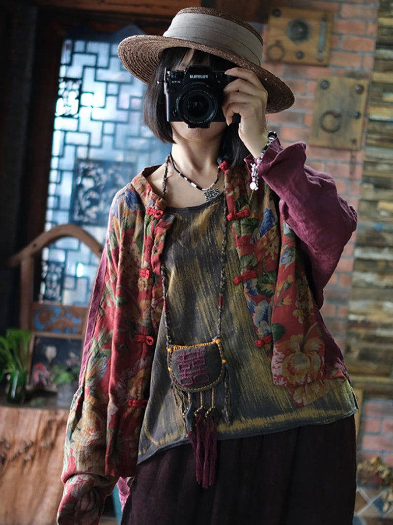 Autumn Flower Colorblock Stand Collar Cotton Coat At1046