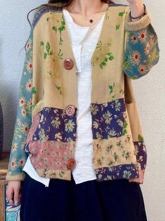 Autumn Colorblock V-neck Knit Cardigan Sweater At1047