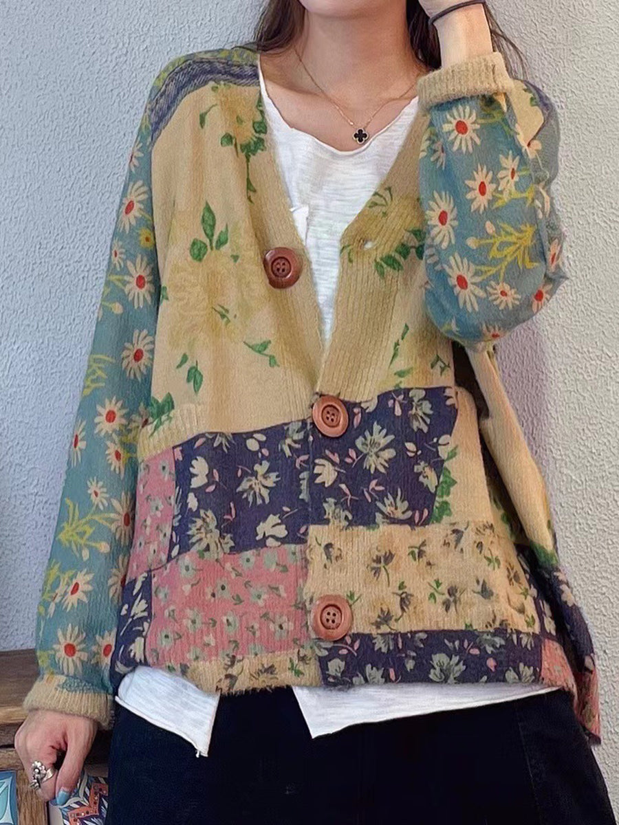 Autumn Colorblock V-neck Knit Cardigan Sweater At1047